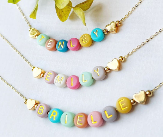 Bright Color Beads Name Necklace | FAST SHIPPING | Dainty Gold Name Beads | Beaded Heart Name Necklace